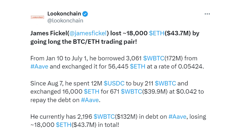 Crypto millionaire loses $43 million in Ether-Bitcoin trading bet